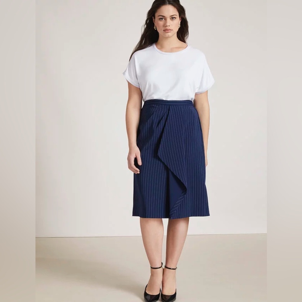Jason Wu x Eloquii blue white pinstripe pencil wrap skirt office 14